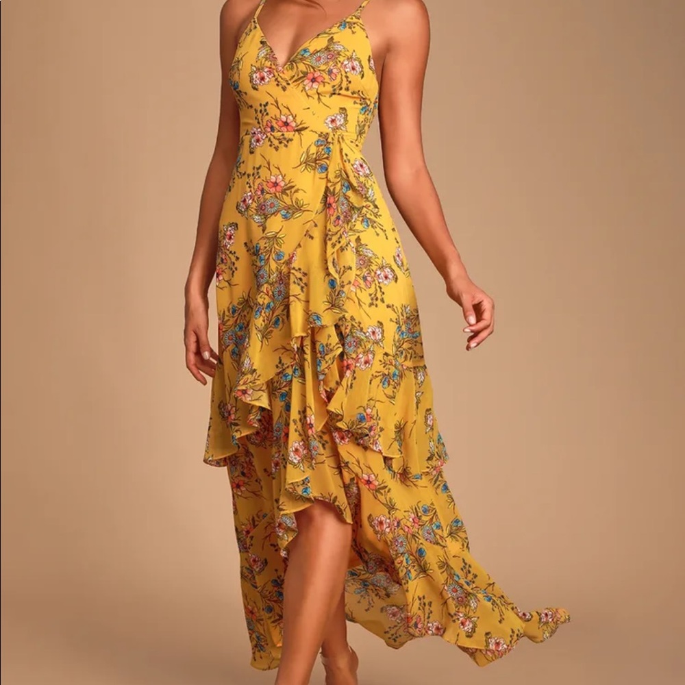 Lulu's Mustard Yellow Floral Ruffle Maxi Dress